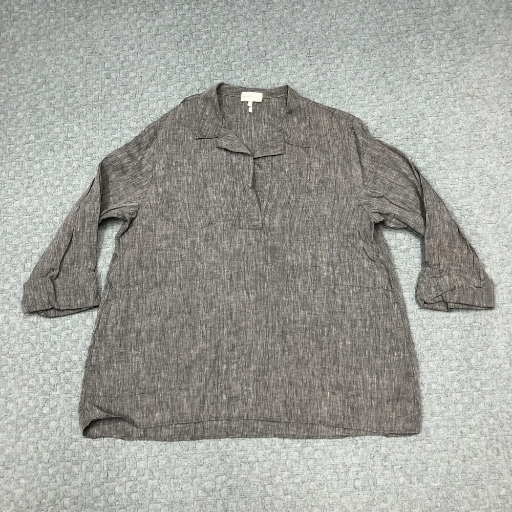 Hinson Wu Shirt Womens XL Gray Salina Linen Tunic Collared Long Sleeve Pullover